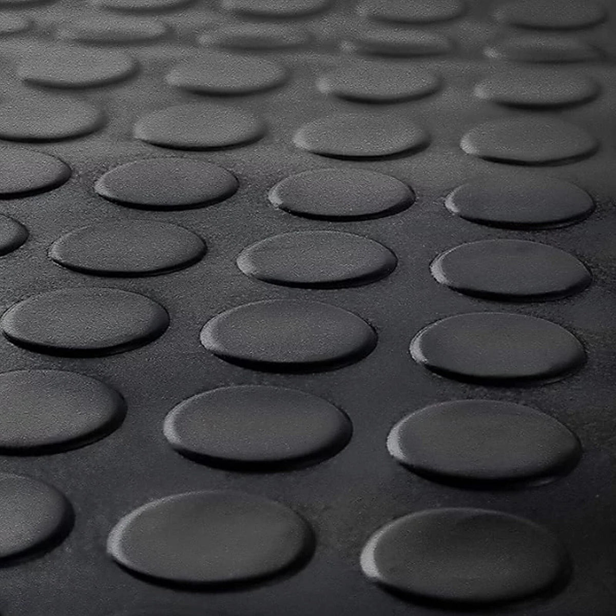 Close-up of raised coin pattern on black 3mm rubber matting
