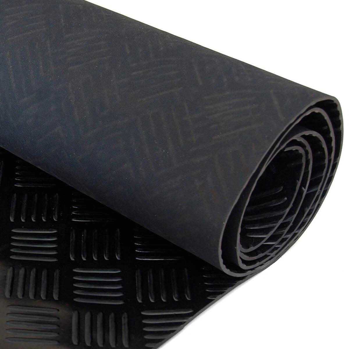 Rolled 4mm black rubber matting in 5 bar tread with sheet laid out