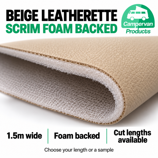 Beige scrim foam backed leatherette showing the leather-look face, foam layer and scrim backing. 1.5m wide with cut length and sample options.