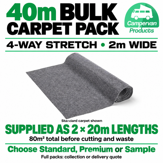 40m bulk campervan carpet pack supplied as two 20m lengths, 2m wide. Standard carpet shown.