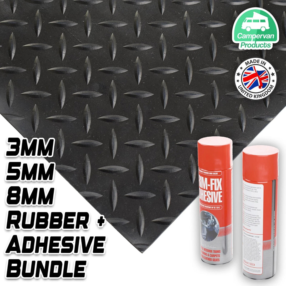 Checker rubber matting and Trim-Fix adhesive bundle; can count varies by selected size