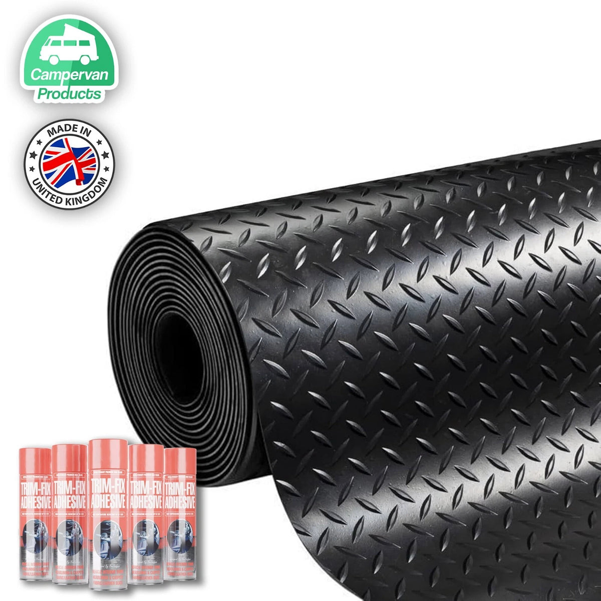 Checker tread rubber roll with Trim-Fix cans shown for illustration; supplied count follows selected size