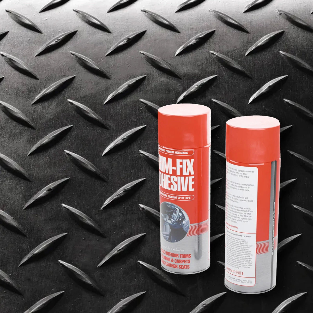 Close-up of black checker-pattern rubber matting and Trim-Fix spray adhesive