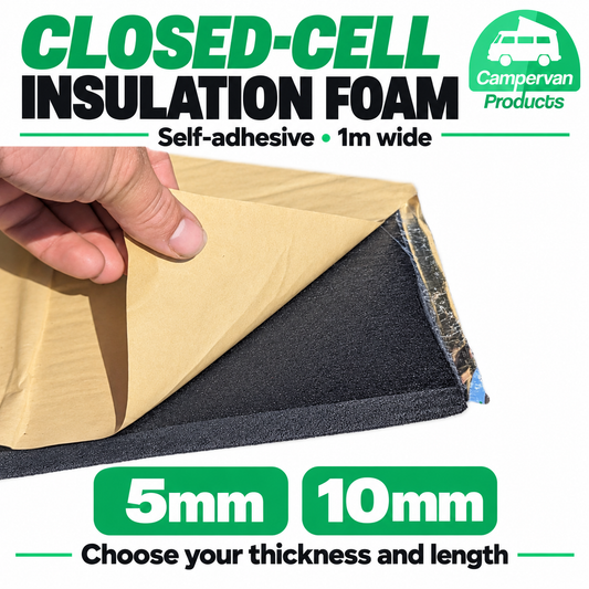 Self-adhesive closed-cell insulation foam, 5mm or 10mm, 1m wide