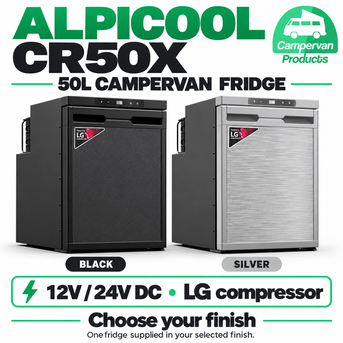 Alpicool CR50X 50L fridge in Black or Silver, 12V / 24V DC, LG compressor