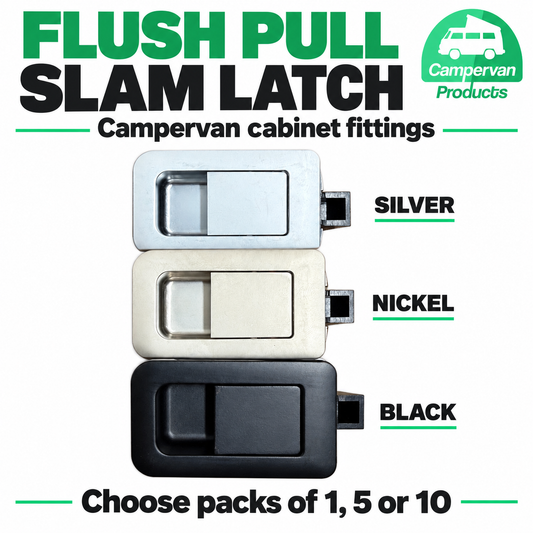 Flush pull slam latch in Silver, Nickel and Black, packs of 1, 5 or 10