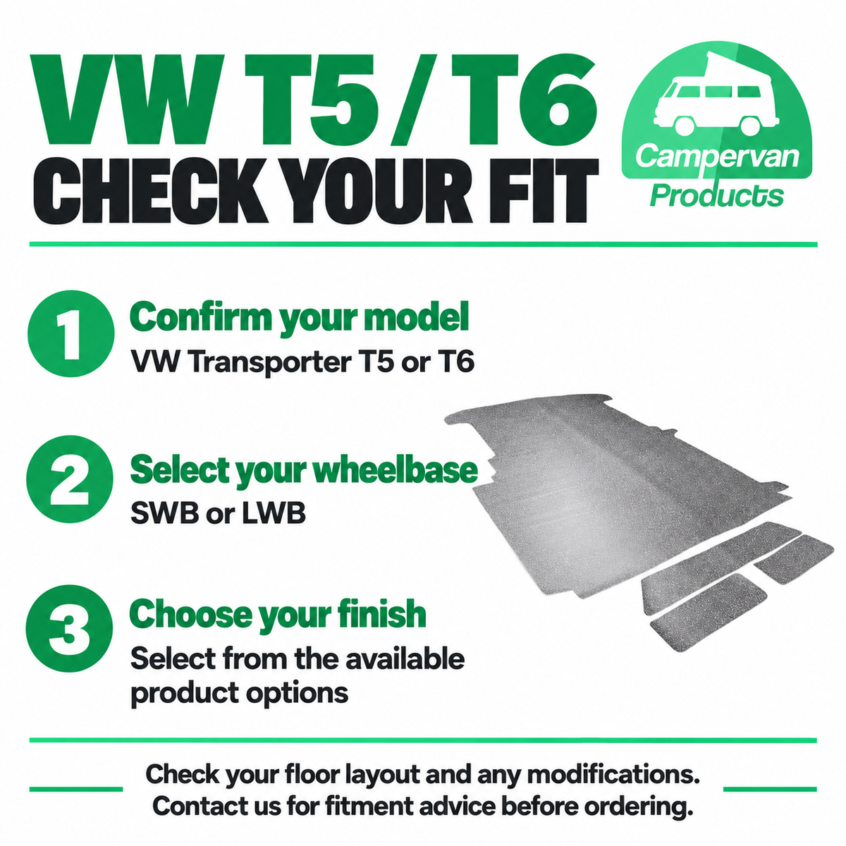 VW T5 T6 pre-cut floor model, wheelbase and finish selection guide
