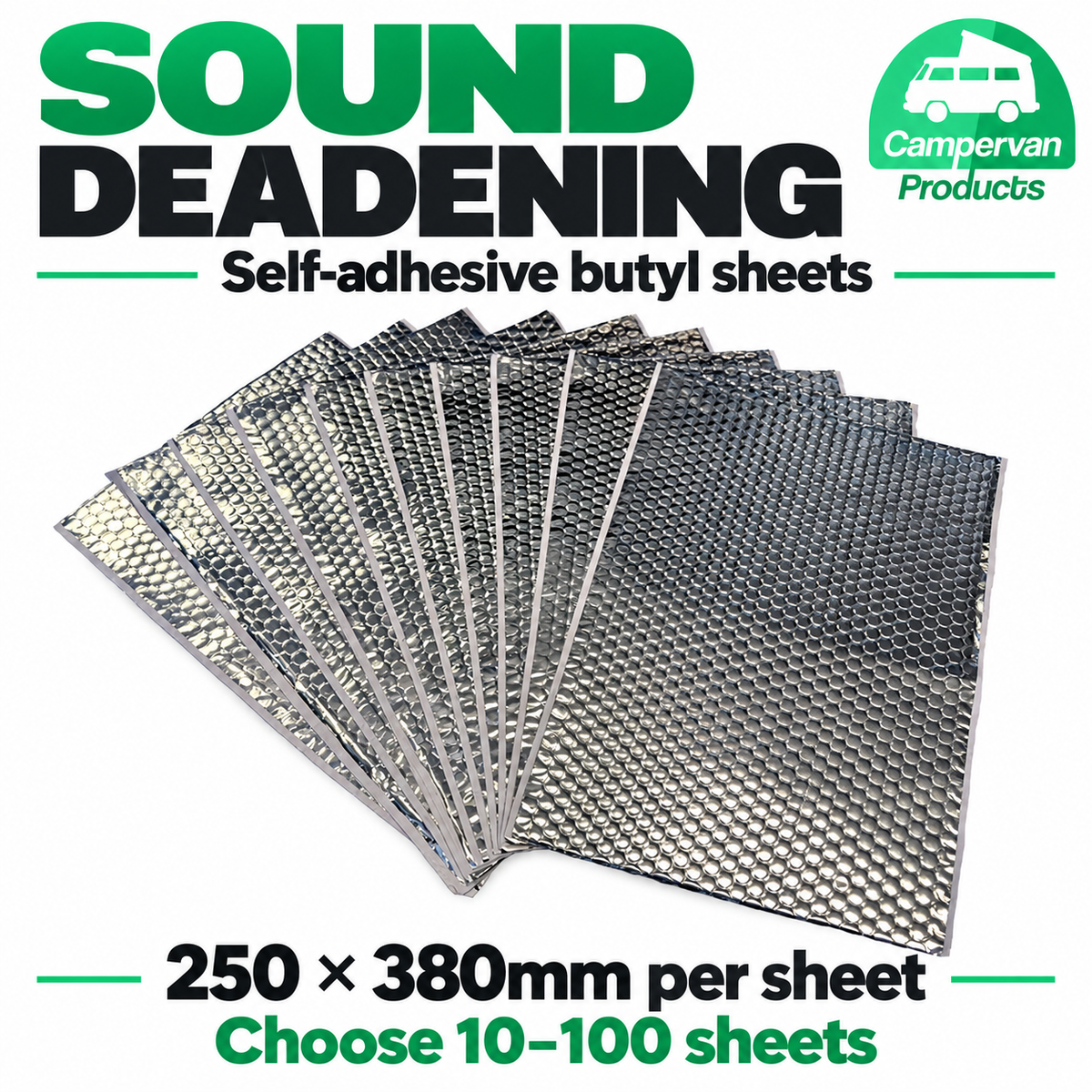 Self-adhesive butyl sound deadening sheets, 250 x 380mm, packs of 10 to 100