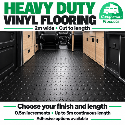 Black coin-pattern vinyl flooring fitted in a campervan, with 2m width and cut-length options.