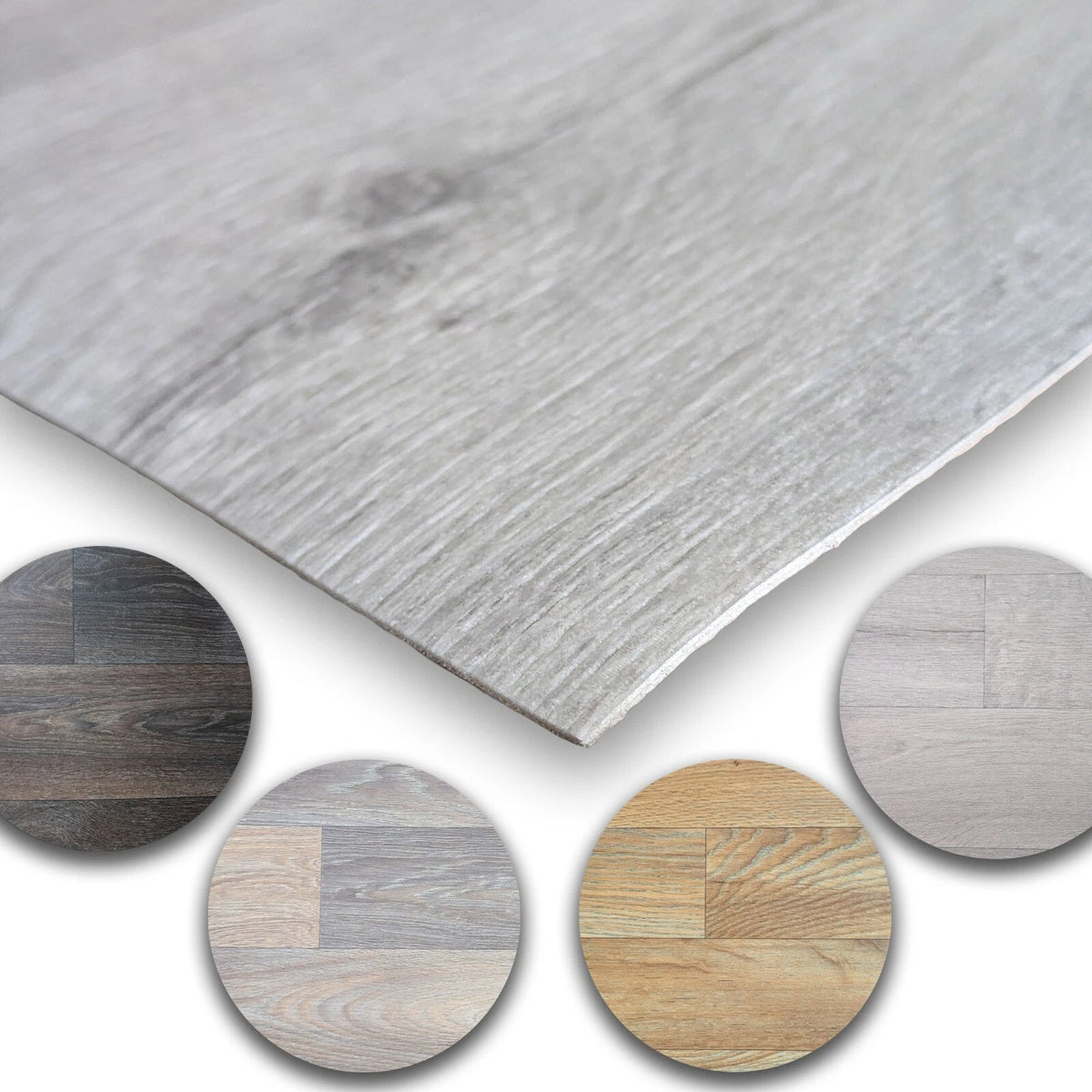 Light grey wood-effect vinyl sheet edge with four round finish swatches