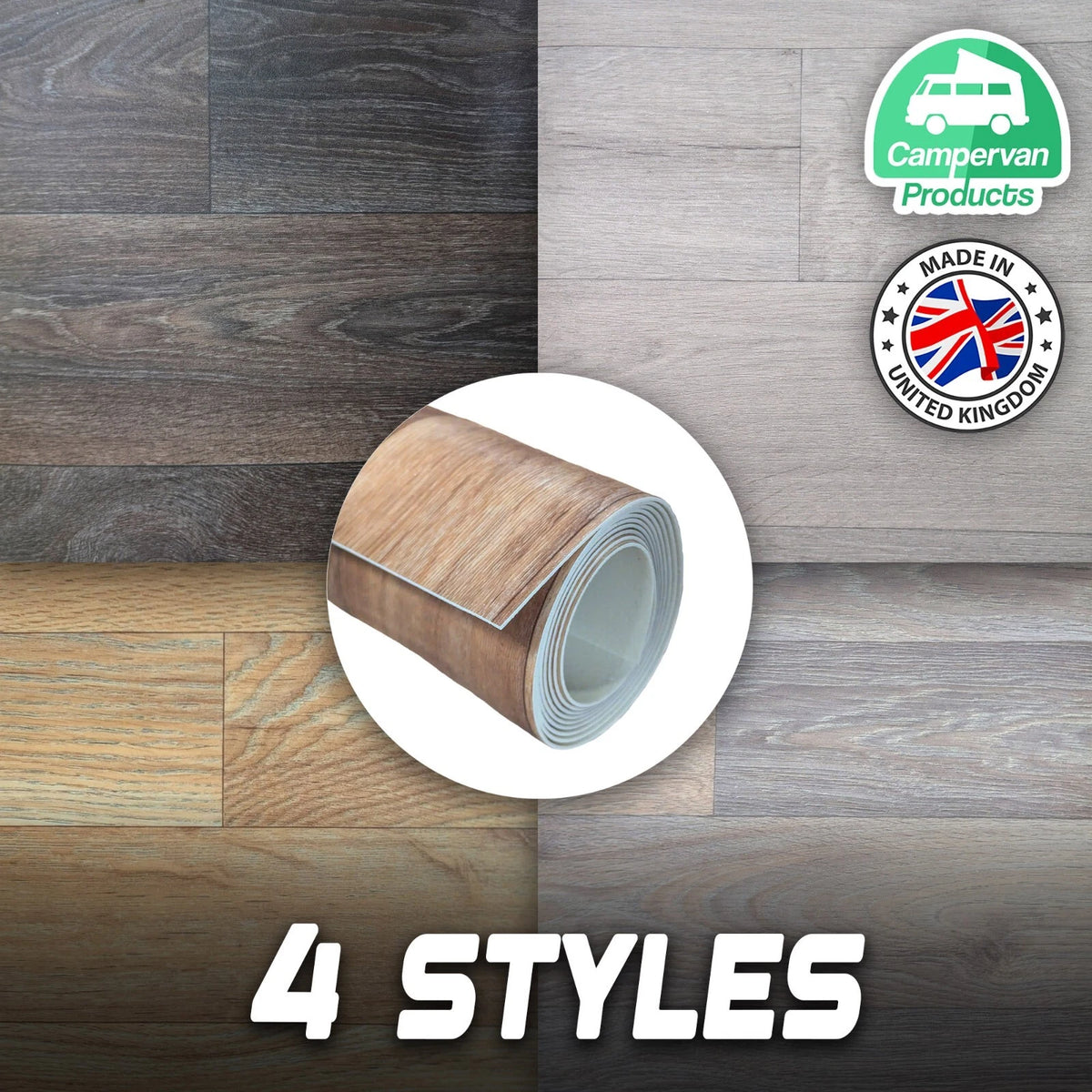 Four wood-effect vinyl finishes with a rolled flooring inset and Campervan Products branding