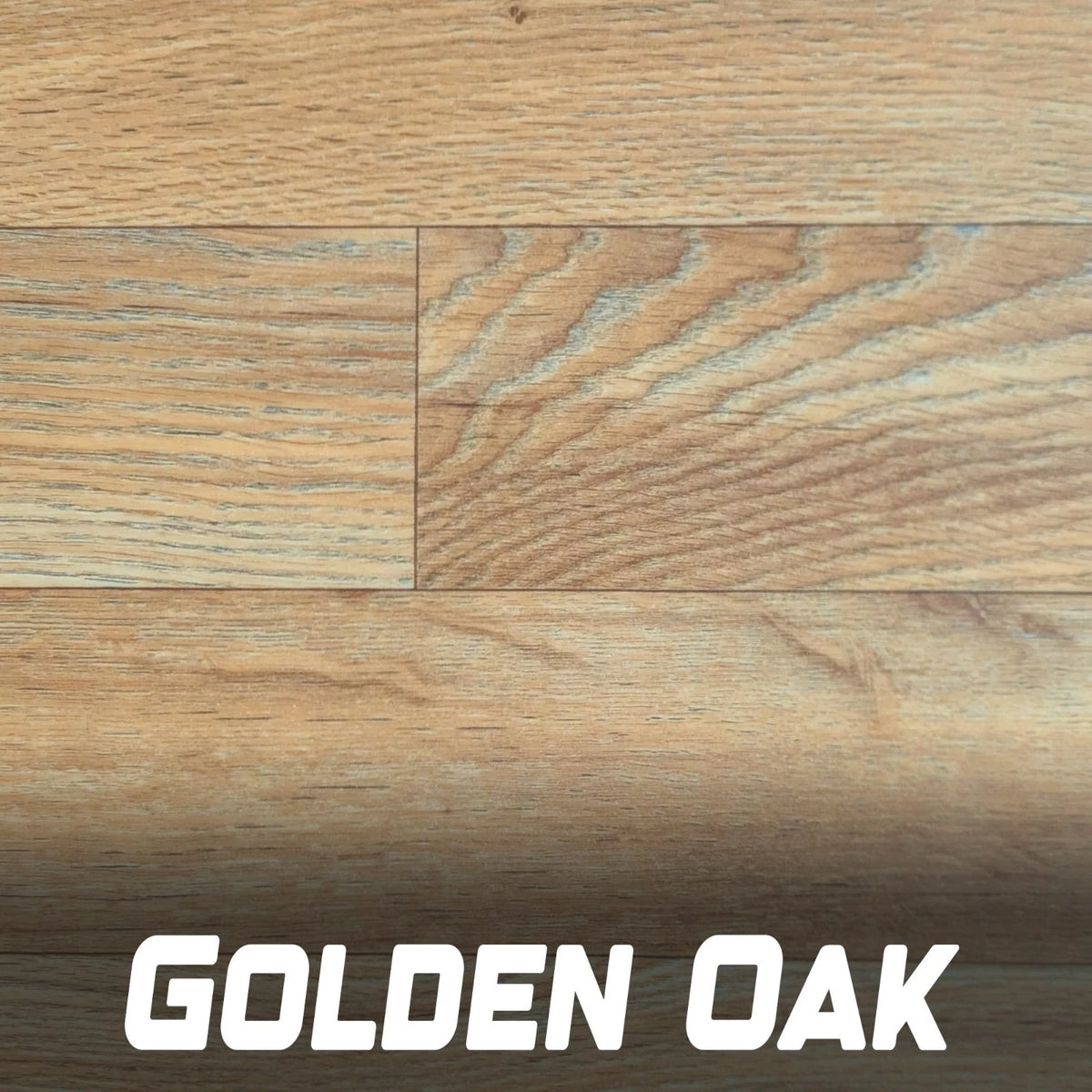 Golden Oak wood-effect vinyl flooring close-up, labelled Golden Oak