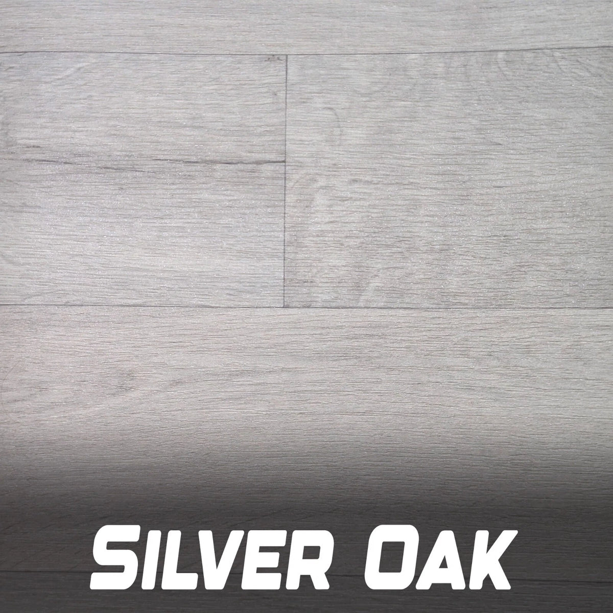 Silver Oak wood-effect vinyl flooring close-up, labelled Silver Oak