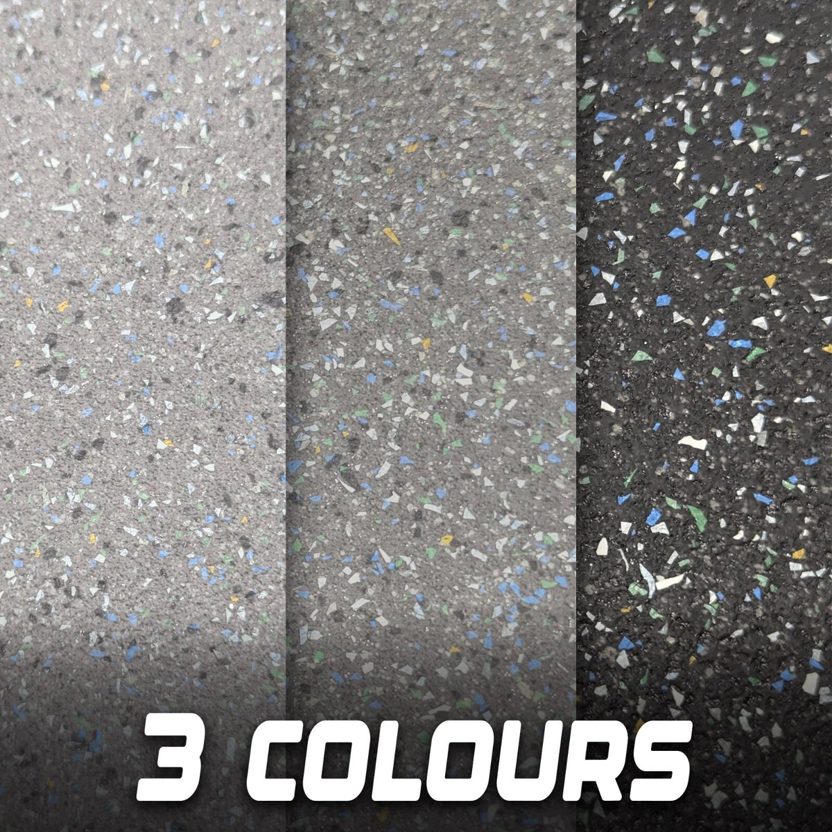 Light grey, dark grey and black speckled vinyl finishes shown side by side