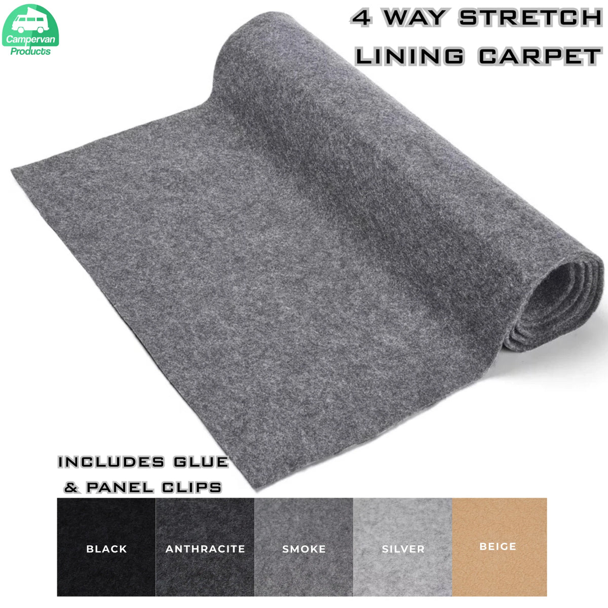 Grey carpet roll with five colour swatches and a note that glue and panel clips are included