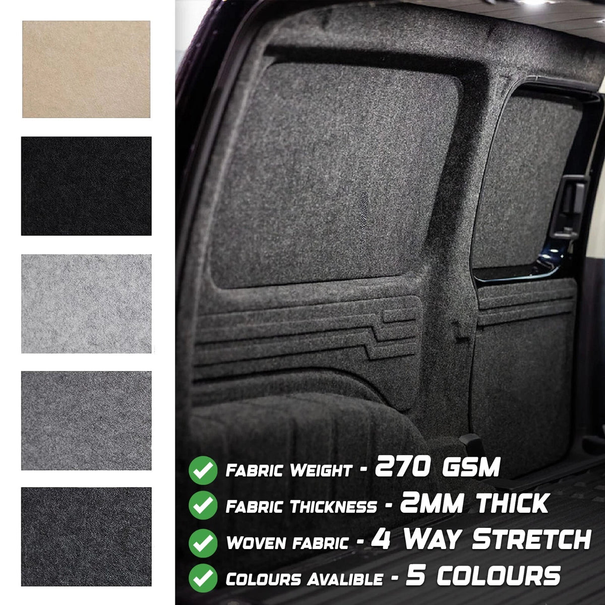 Van side panels lined in grey carpet, with five colour swatches and product specifications
