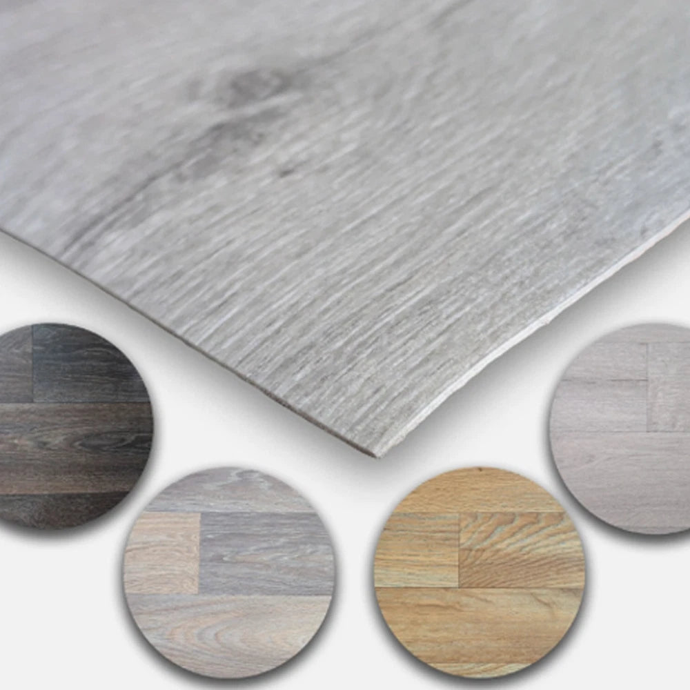 Light grey wood-effect vinyl sheet edge with four round finish swatches