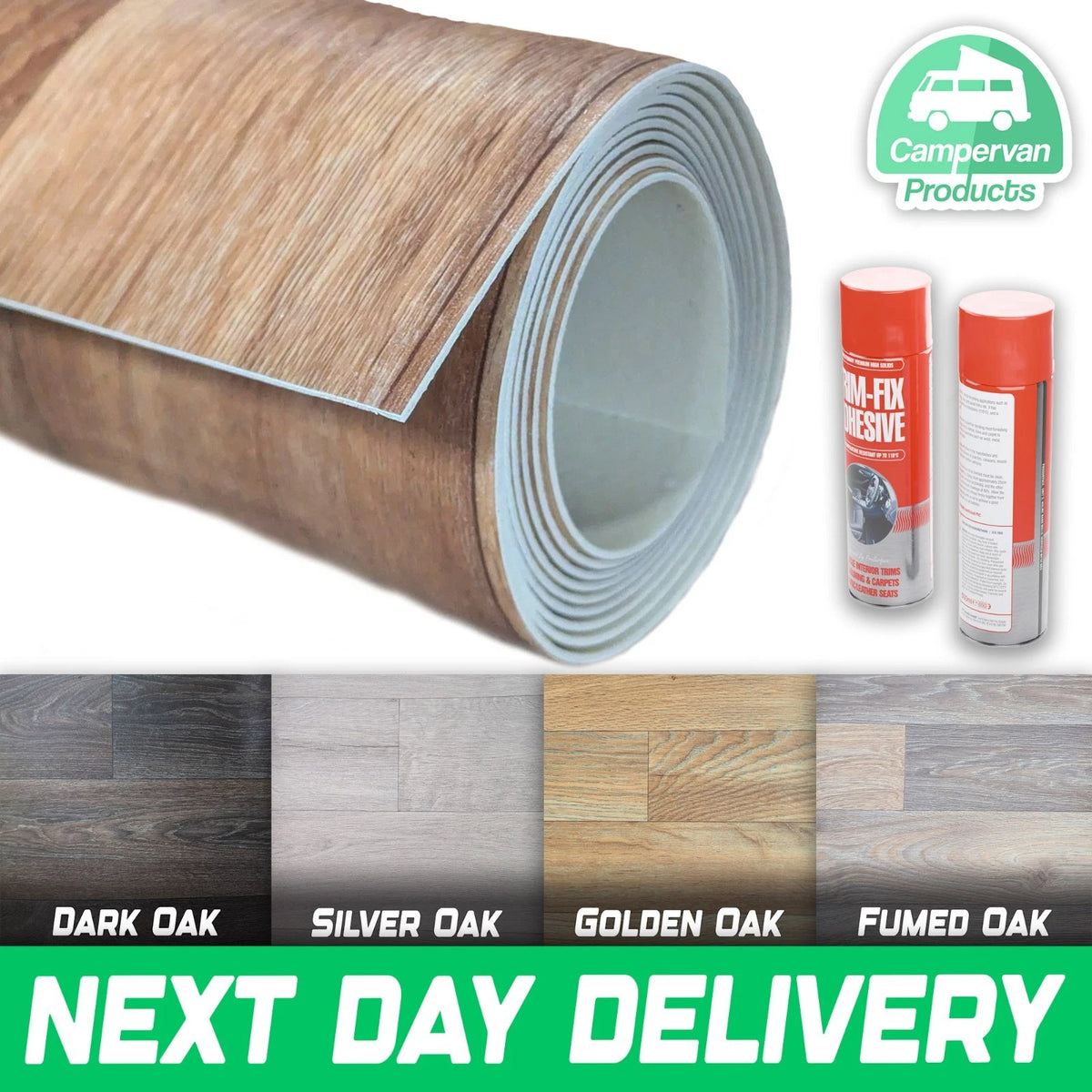 Wood-effect vinyl roll, Trim-Fix cans and four labelled finish swatches above a next-day delivery banner