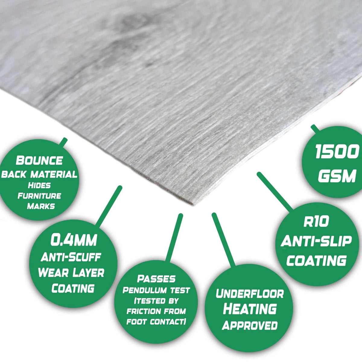 Light grey wood-effect vinyl sheet with specification and performance claim callouts