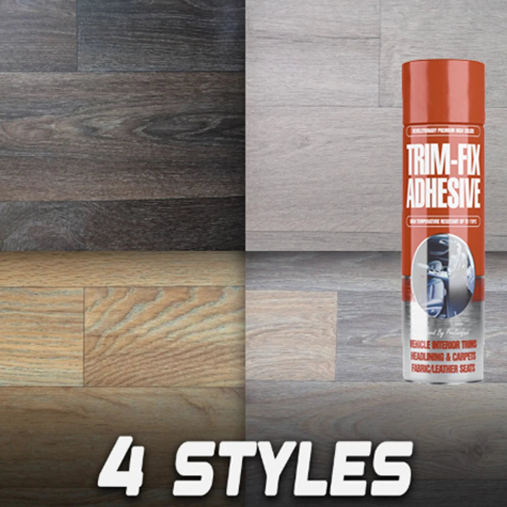 Four wood-effect vinyl finish samples with a Trim-Fix adhesive can