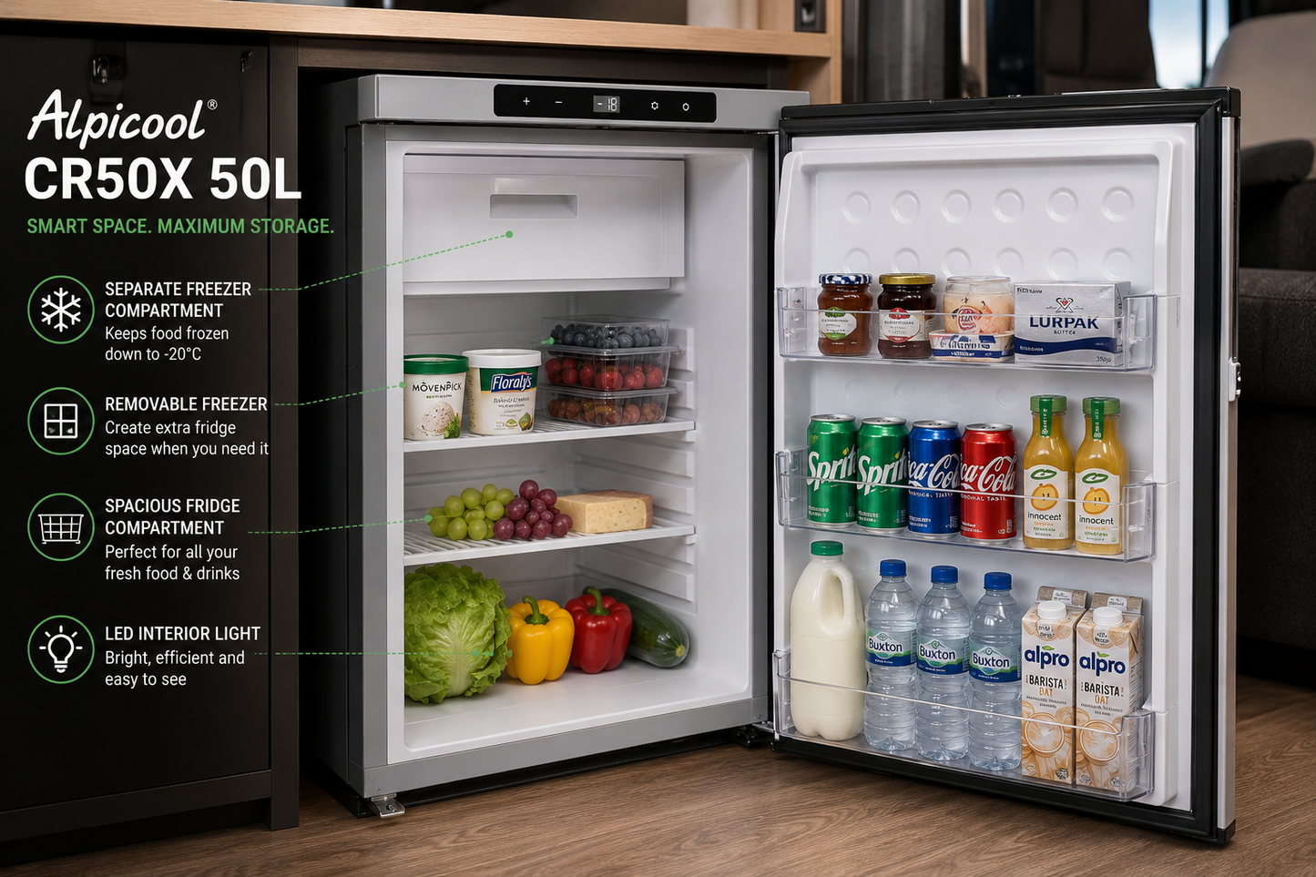 Alpicool 50L Integrated 12V Compressor Fridge Freezer – Campervan, Motorhome & Van Conversion