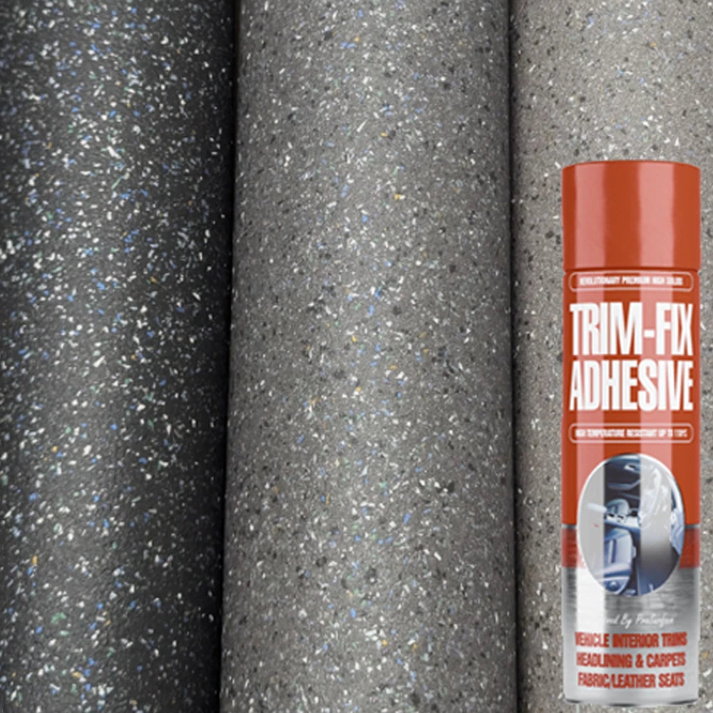 Black, dark grey and light grey speckled vinyl rolls with a Trim-Fix adhesive can
