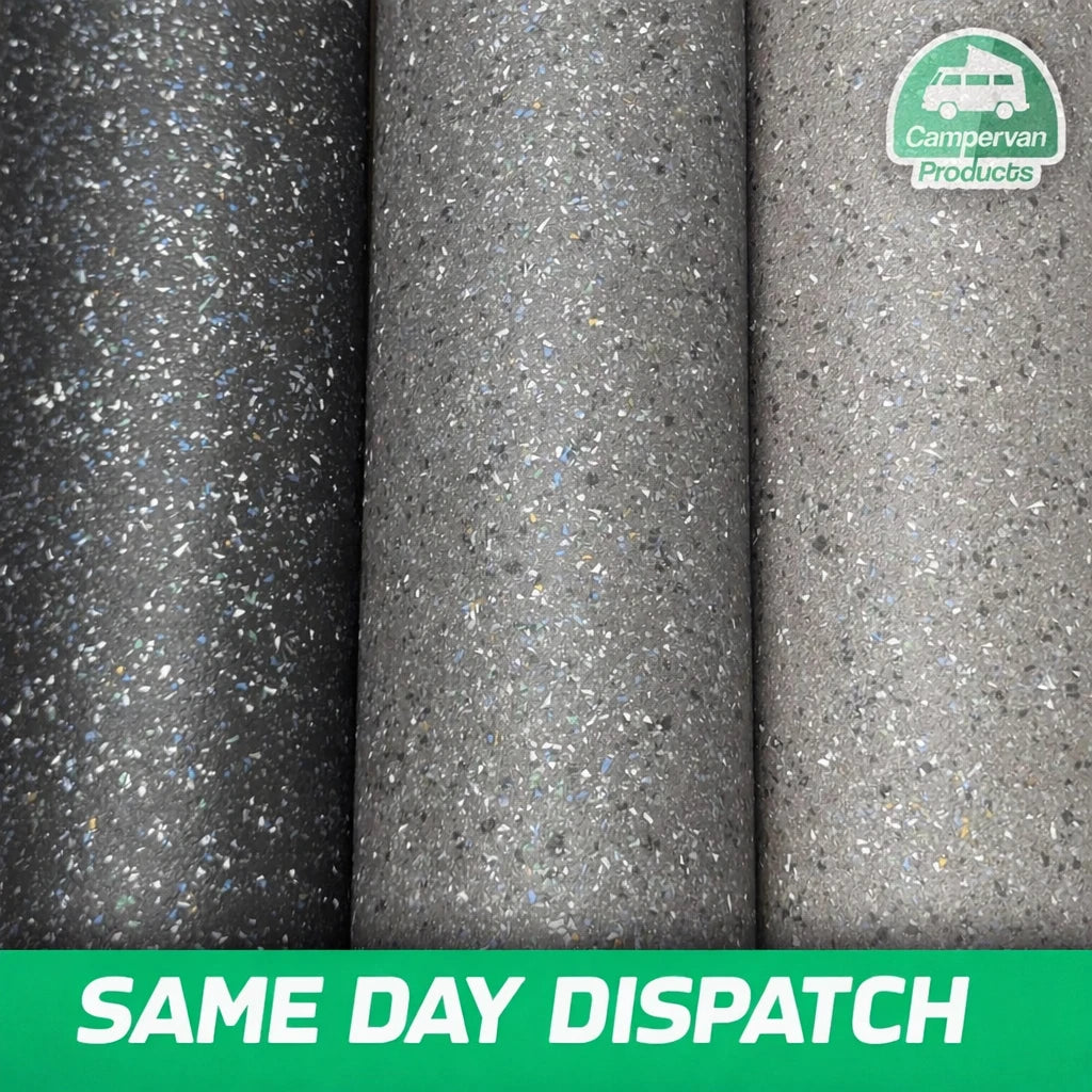 Black, dark grey and light grey speckled vinyl rolls with a same-day dispatch banner
