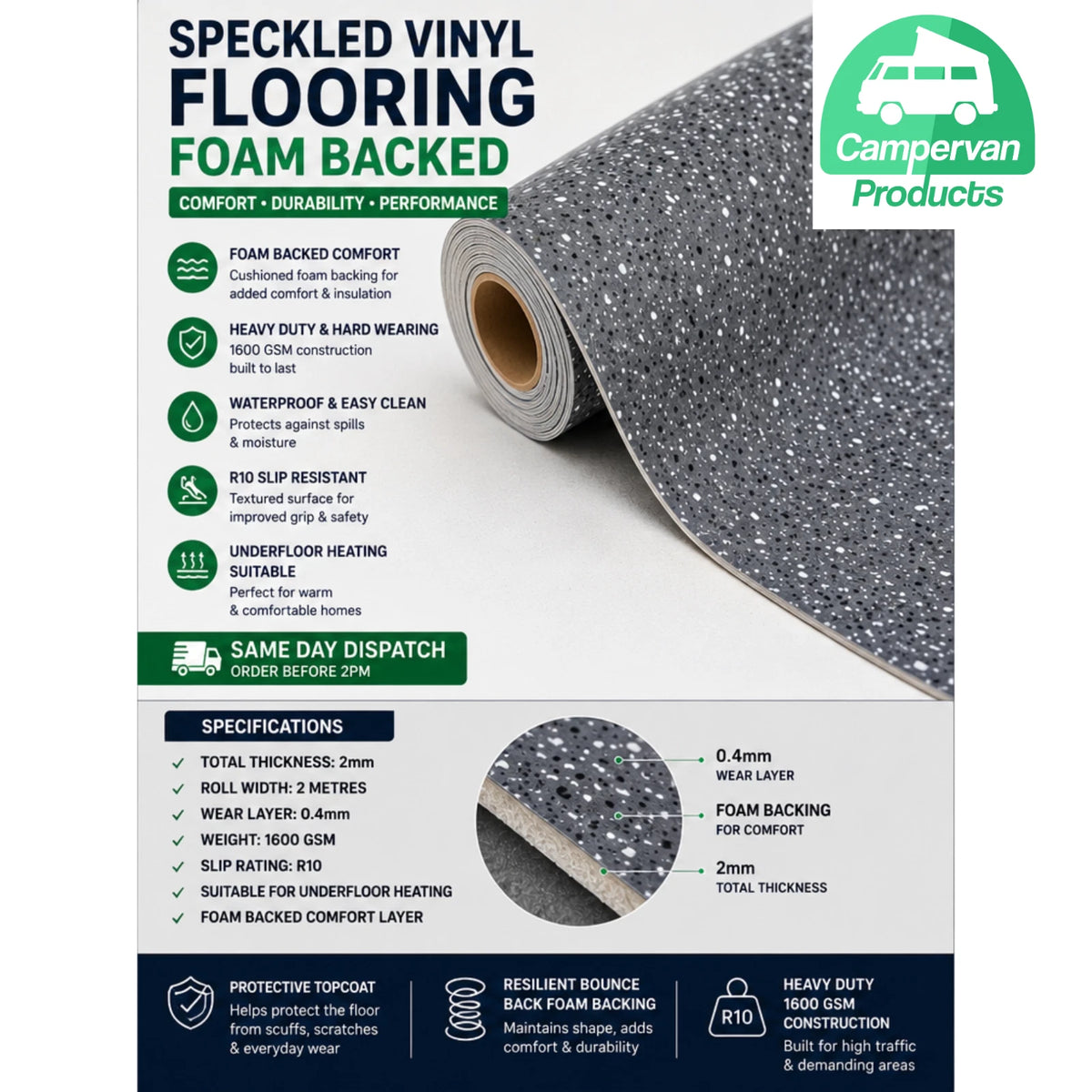 Rolled speckled vinyl flooring with a construction diagram and feature and specification panels