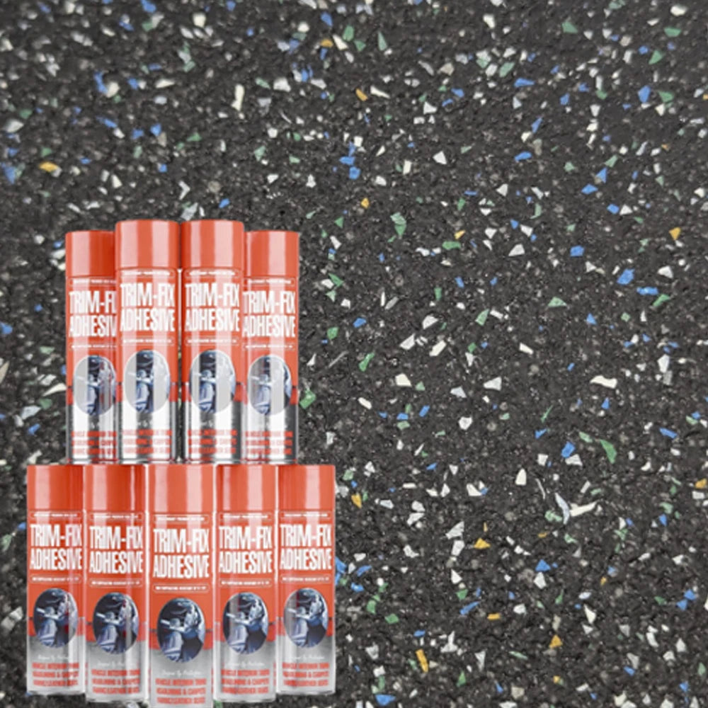 Trim-Fix spray adhesive cans arranged over a black speckled vinyl background