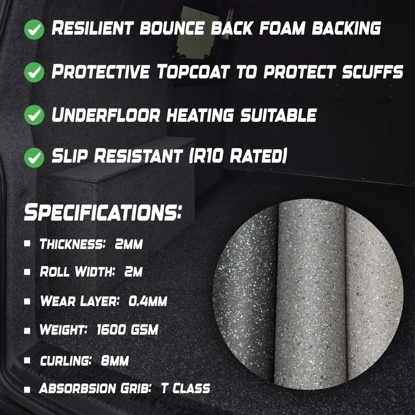 Speckle Anti-Slip Vinyl Flooring – 2m Wide Campervan & Van Flooring (Cut to Length)