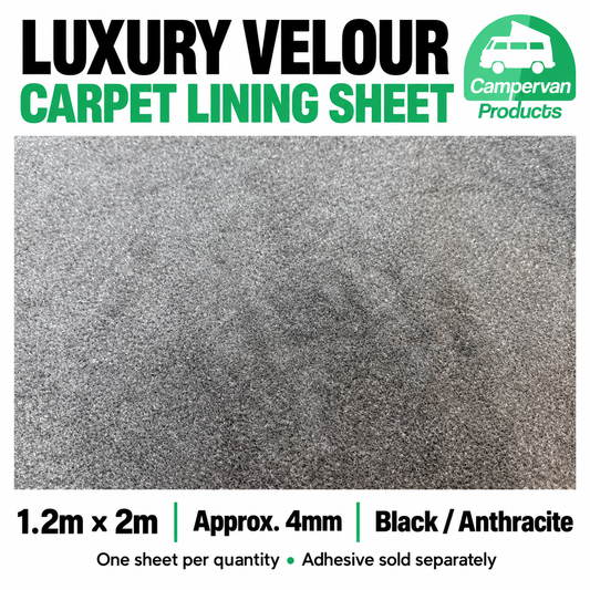 Luxury velour carpet lining sheet, black/anthracite, 1.2m by 2m and approximately 4mm thick. Close-up of the flat material.